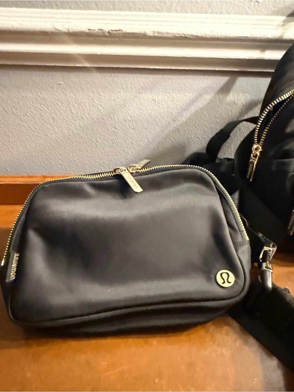 lululemon athletica Black Travel Crossbody belt Bag gold metal hardware like new